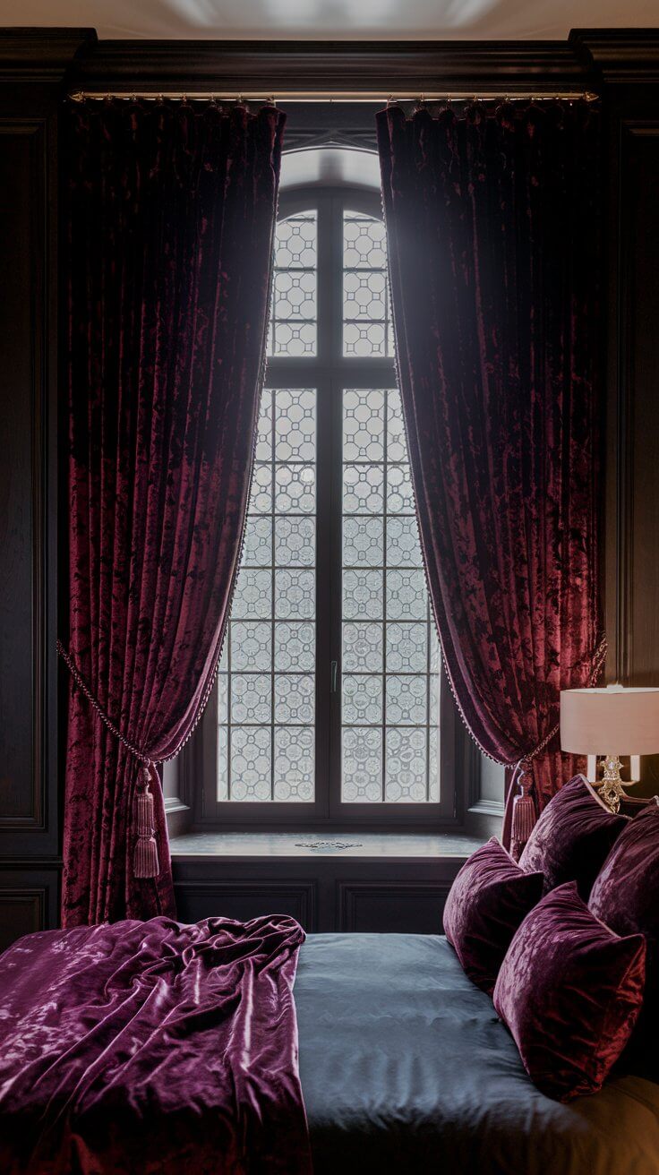 A dark bedroom window dressed with luxurious burgundy velvet curtains, and a bed adorned with matching velvet throw pillows.