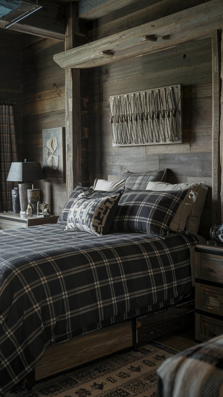 A bed made up with dark plaid flannel sheets and a matching duvet cover, accented with solid-colored pillows in complementary earth tones.