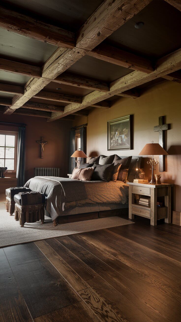 A close-up of rich, dark walnut wood flooring with visible grain patterns, partially covered by a rustic area rug.