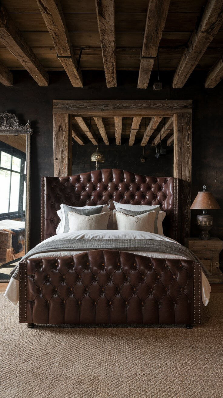 Deep Brown Leather Headboard with Brass Studs