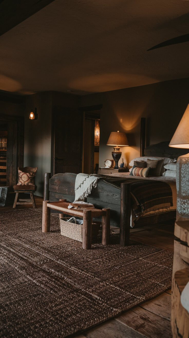 A large, deep brown woven jute rug covering a dark wood floor, with the edge of a rustic bed and a leather armchair visible.