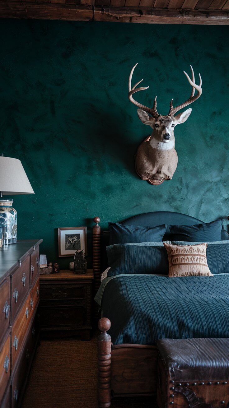 A bedroom featuring a deep forest green accent wall with a large mounted deer head, contrasting with lighter colored adjacent walls.