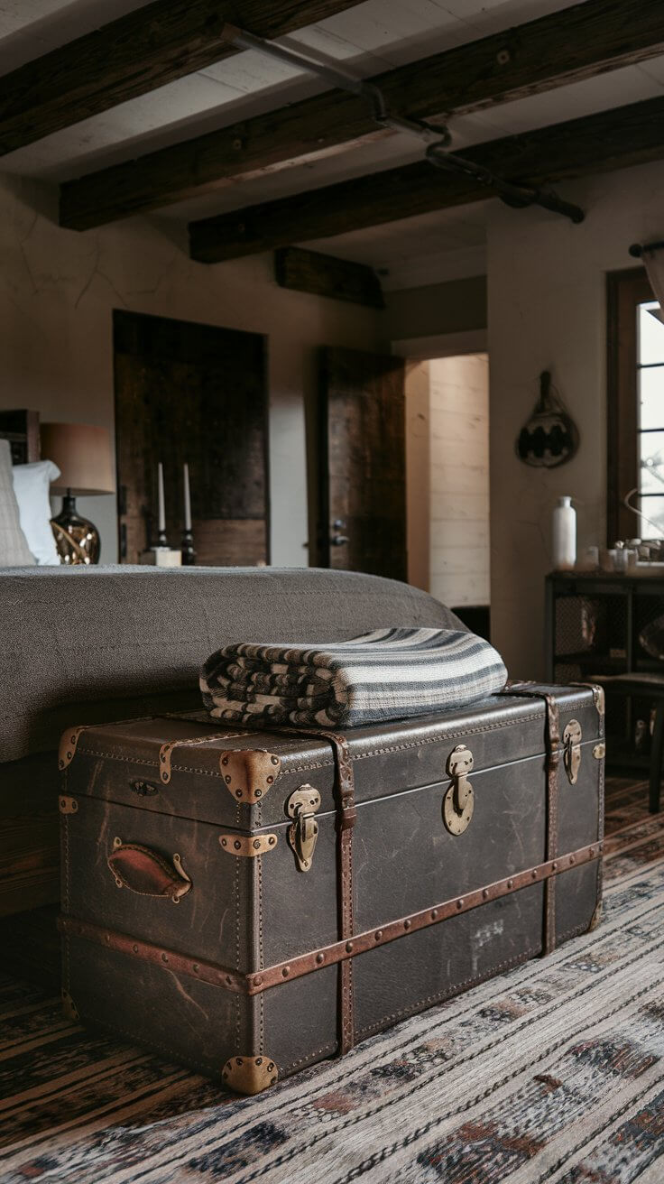 A large, distressed brown leather trunk positioned at the foot of a bed, partially open to reveal blanket storage inside.