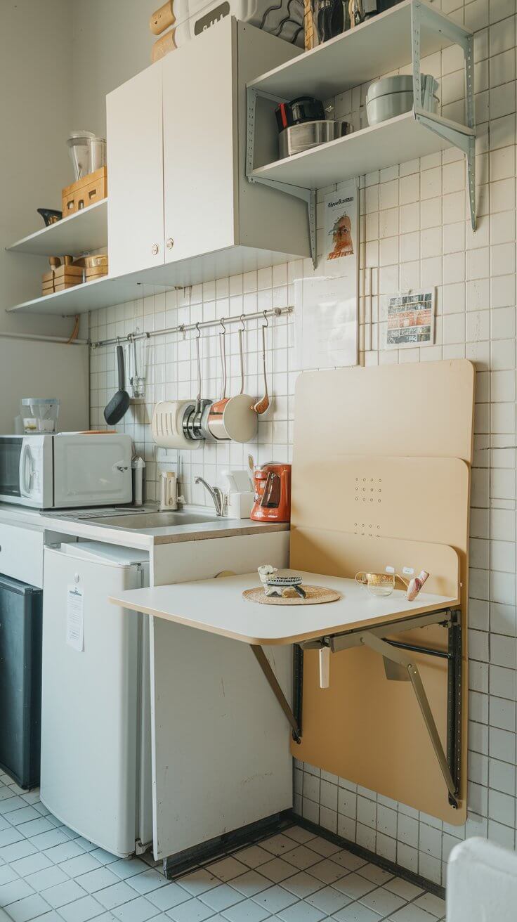 A small kitchen with a fold-down wall table, surrounded by compact storage and functional appliances