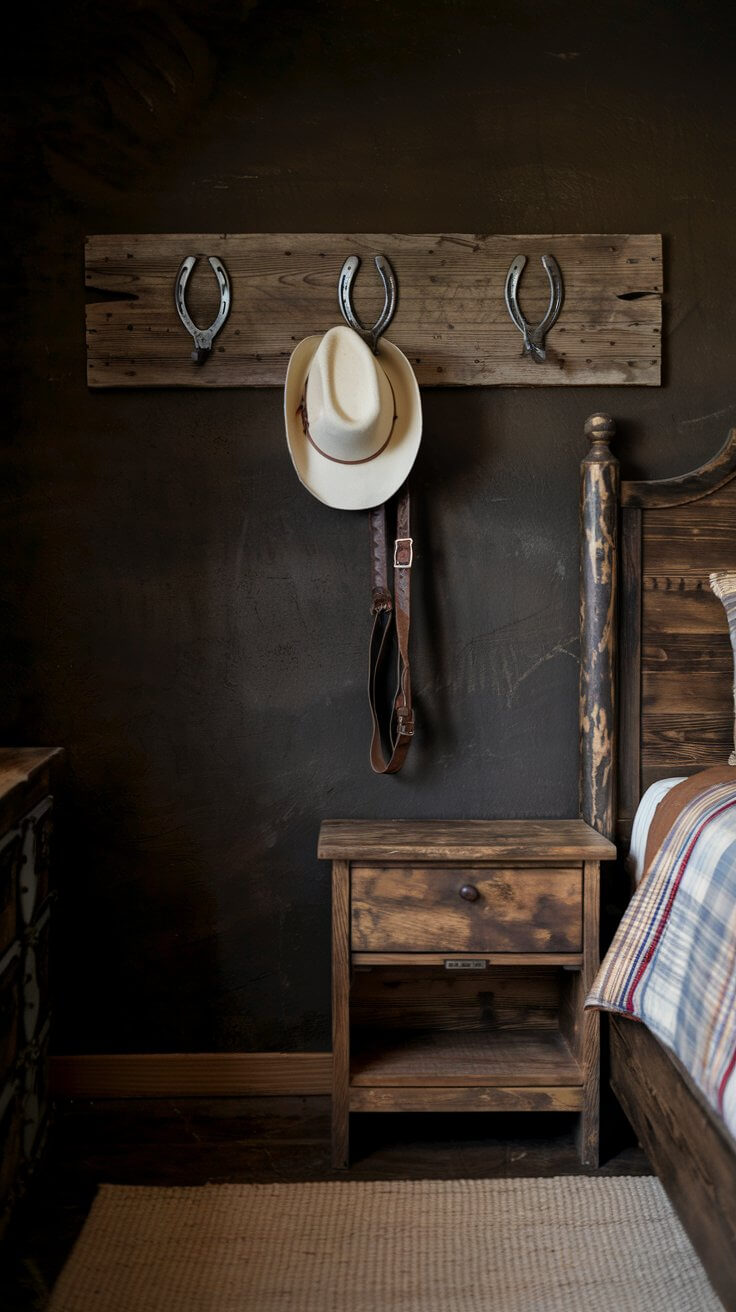 A row of repurposed horseshoes mounted on a wooden plank, functioning as wall hooks with various western accessories hanging from them.