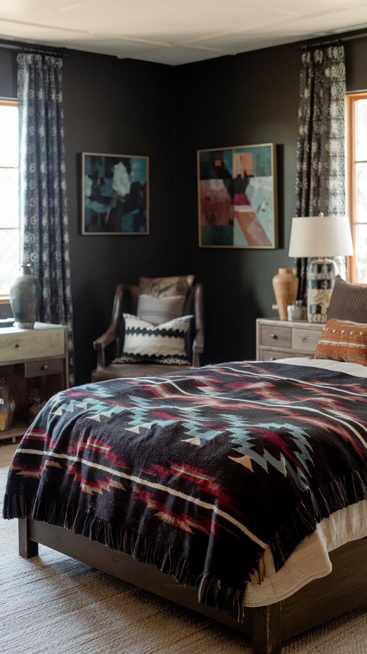 A bed dressed in neutral linens, topped with a folded Navajo-inspired wool blanket featuring bold geometric patterns in deep reds, blues, and blacks.