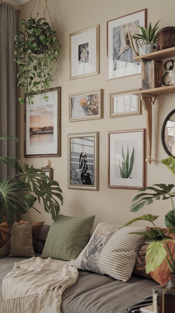 Personalized wall art display in a cozy living room with framed photos and plants.