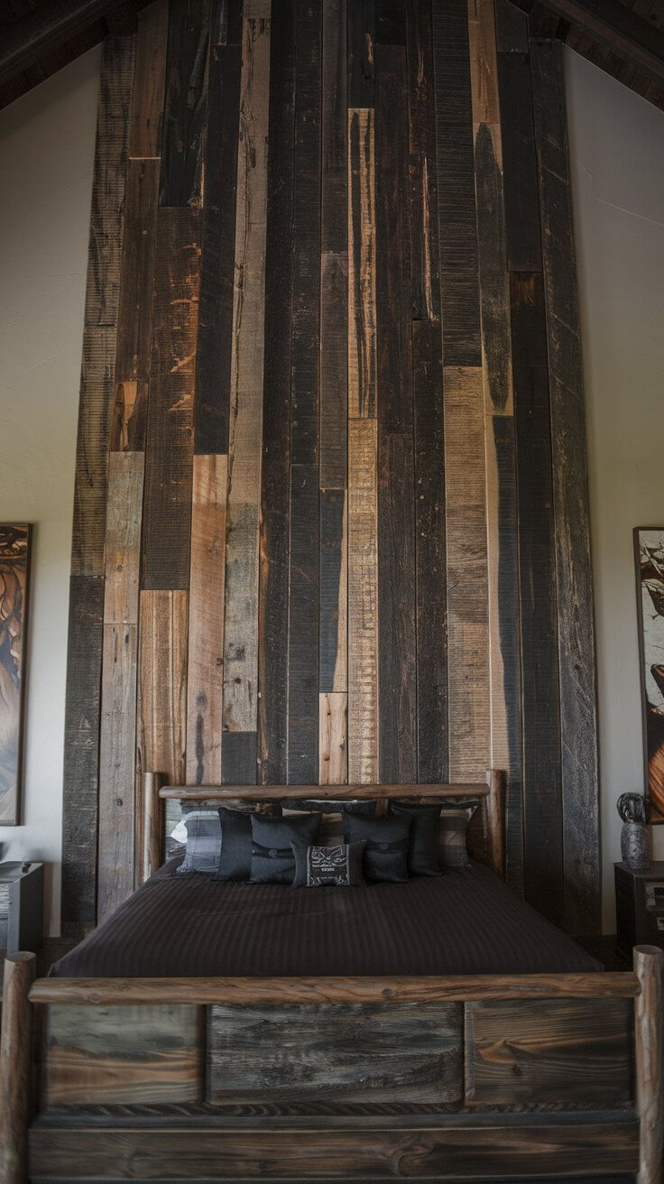 A bedroom featuring a full wall of reclaimed barn wood planks in various shades of weathered gray and brown, with a simple bed positioned against it.