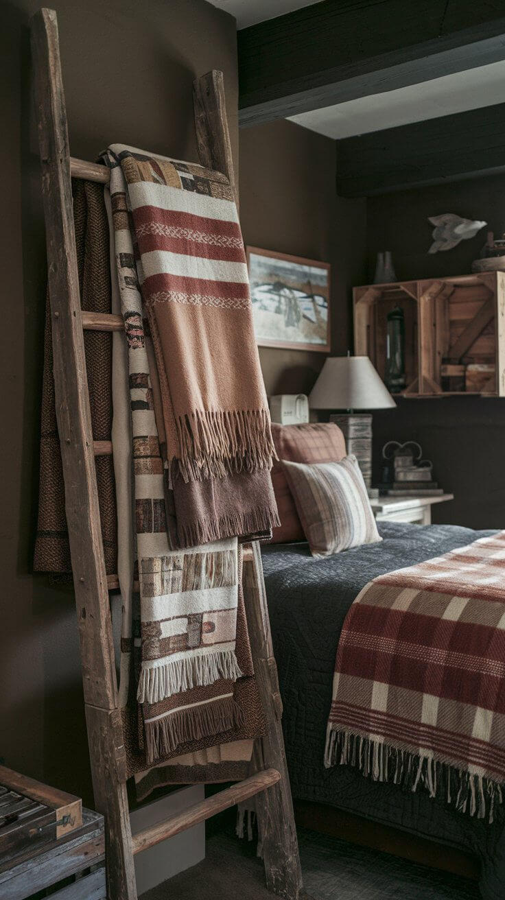 An old wooden ladder leaning against a dark wall, draped with various textured blankets and throw pillows.