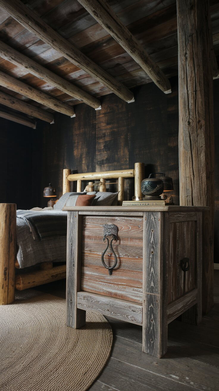 Two matching rustic wooden nightstands with distressed finish and large wrought iron drawer pulls, flanking a bed with a leather headboard.