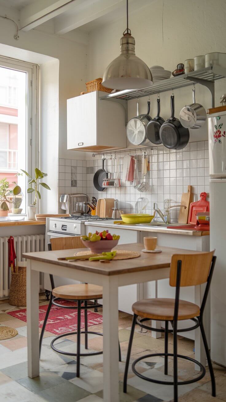 A cozy, compact kitchen with clever storage solutions, hanging pots and pans, and a small dining area. Bright colors and natural light make the space feel open and inviting