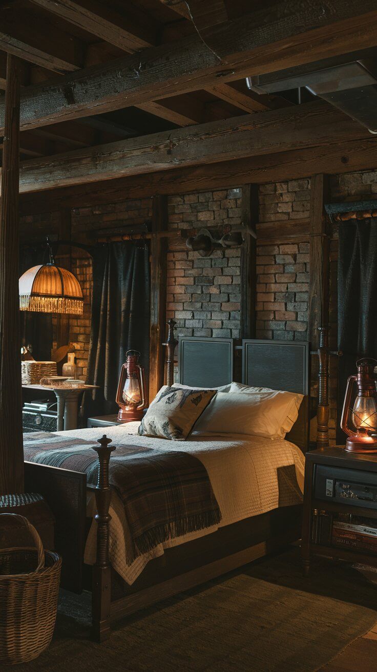 Two antique brass oil lanterns converted into electric lamps, sitting on wooden bedside tables flanking a rustic bed.