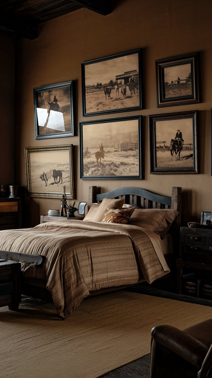 A gallery wall featuring various sizes of framed sepia-toned photographs depicting old western scenes, hung on a dark painted wall.