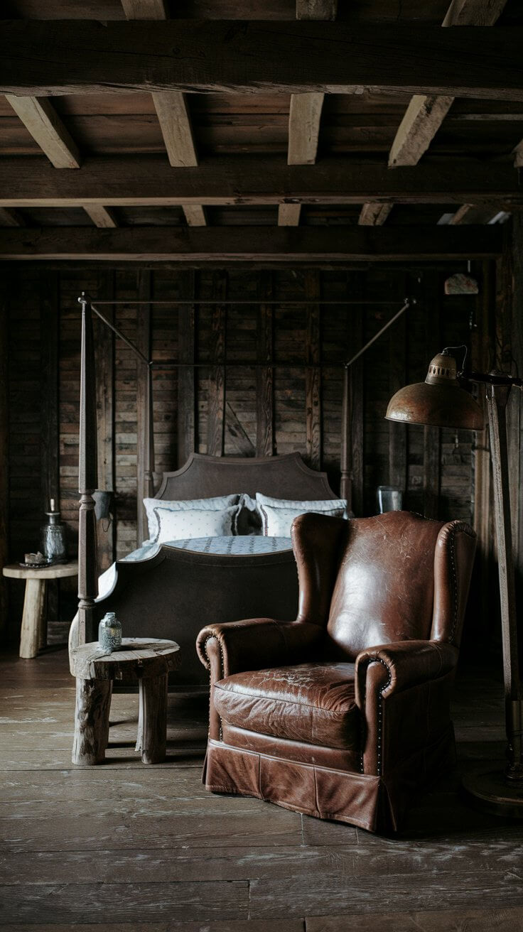 A cozy reading nook in a bedroom corner, featuring a weathered brown leather armchair, a small side table, and a standing lamp.