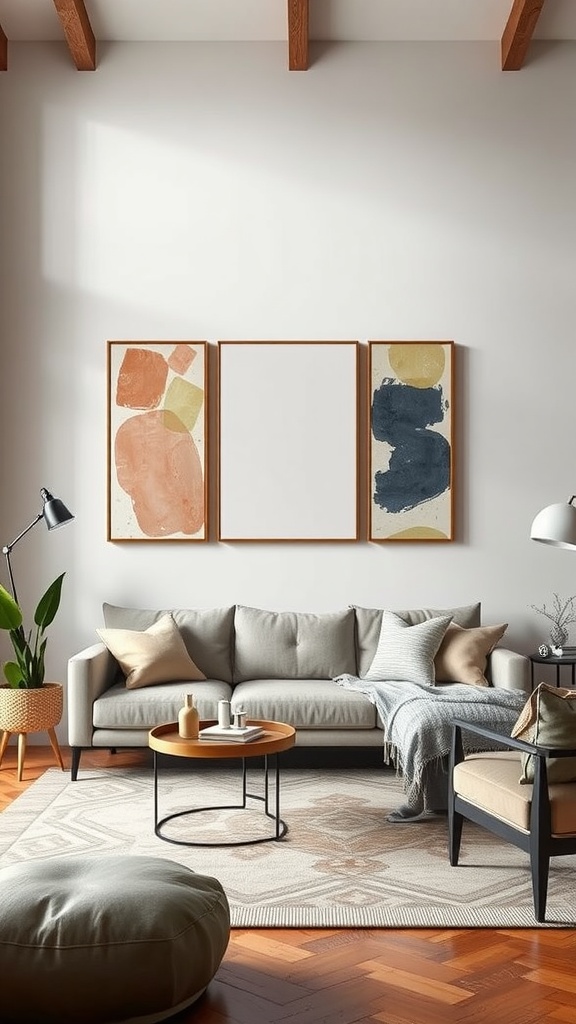 A cozy living room featuring abstract wall art with warm and cool tones, modern furniture, and a stylish decor.