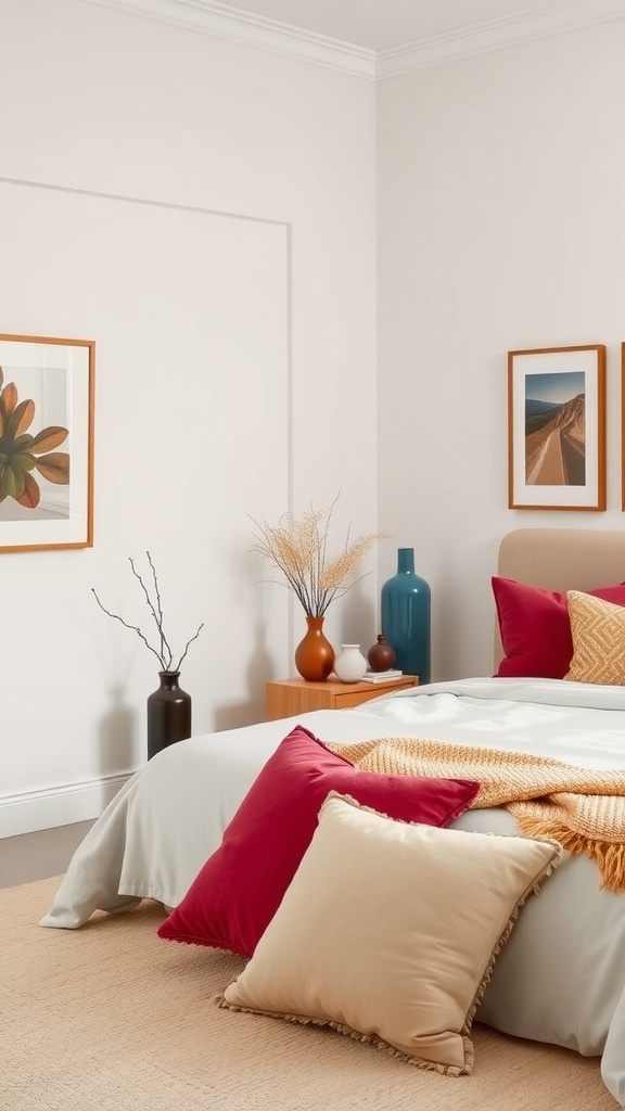 A bright and stylish bedroom featuring colorful throw pillows and vases.