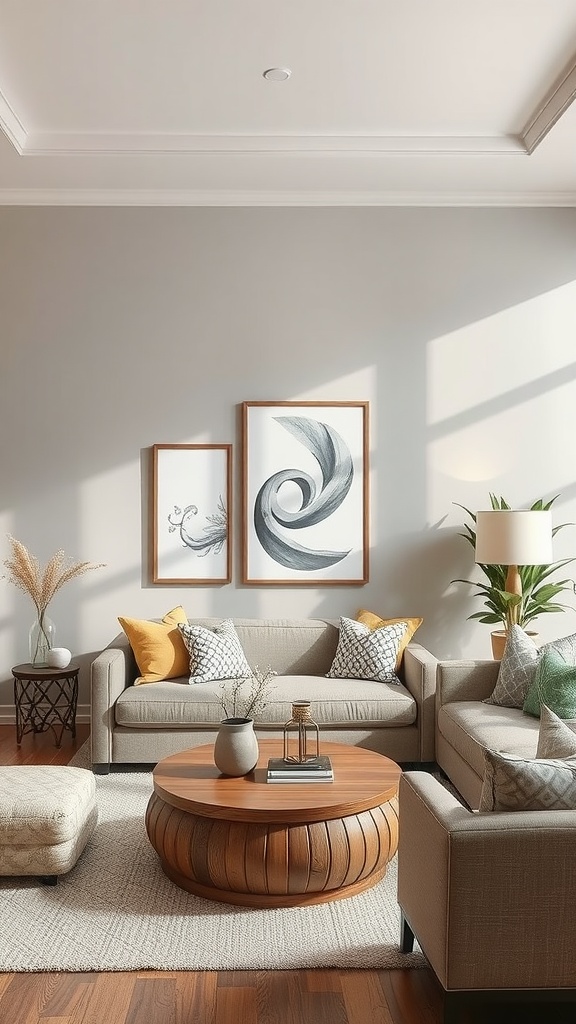 Living room with light gray couch, beige accents, wooden coffee table, and soft neutral tones