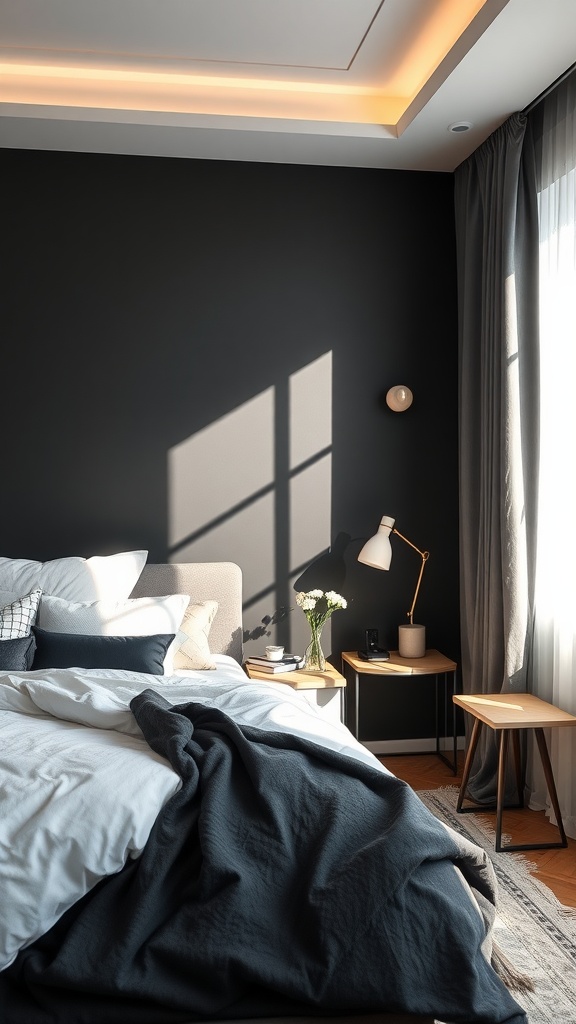 A modern bedroom featuring a black accent wall, white bedding, and minimalist furniture.