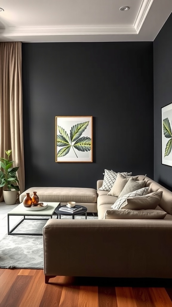 Living room featuring a dark accent wall, light furniture, and plants