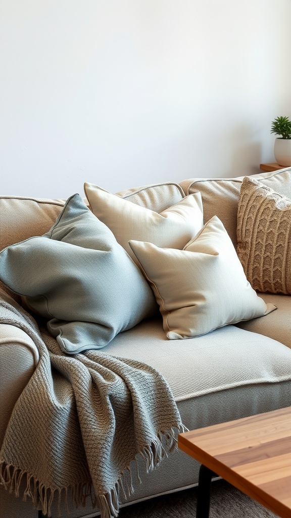 Gray and beige throw pillows on a light gray couch