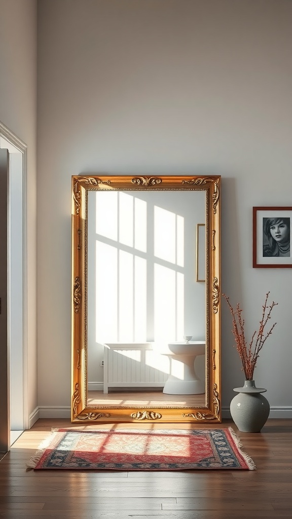 A beautifully framed mirror reflecting light in a cozy living room