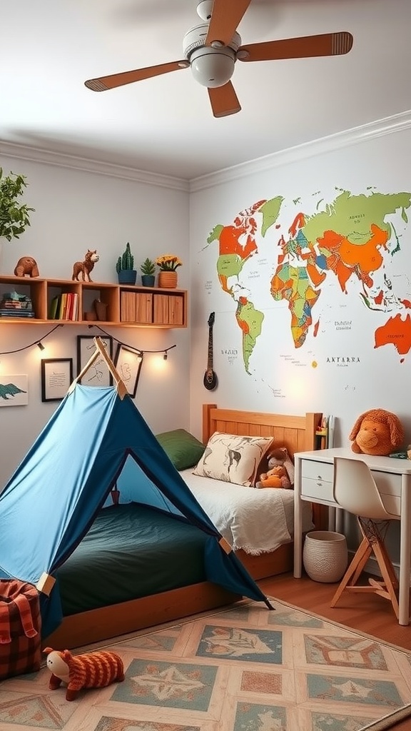 A toddler boy's adventure-themed bedroom with an orange tent, colorful world map on the wall, and playful decor.