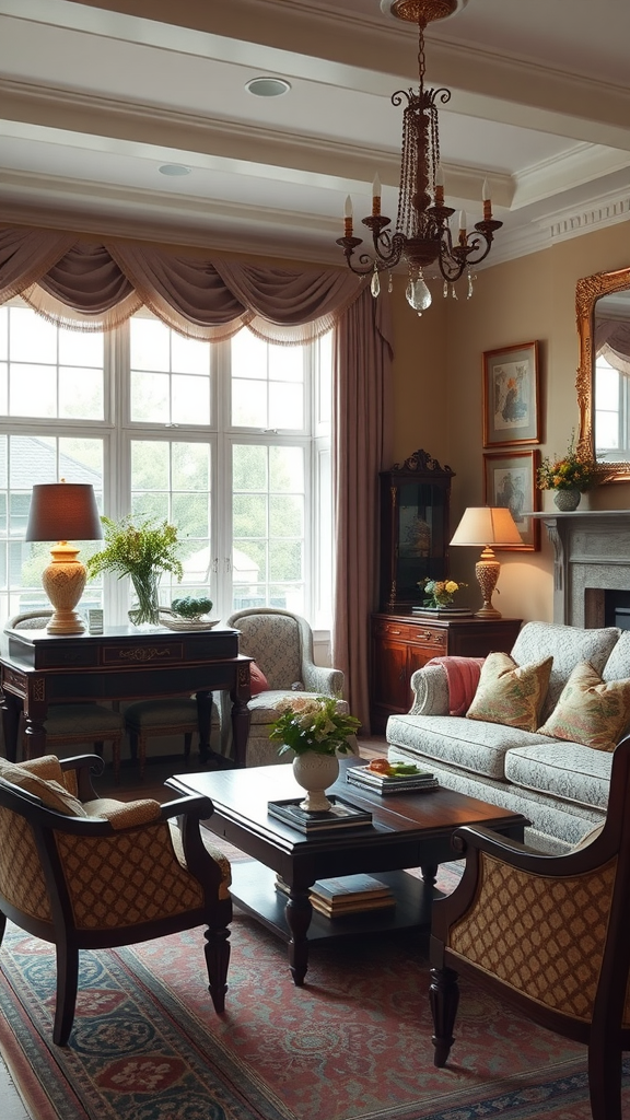 Cozy traditional living room with antique furniture and warm decor.