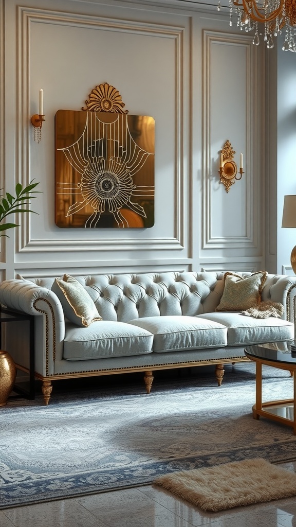 Art Deco inspired living room with light grey couch and luxurious decor