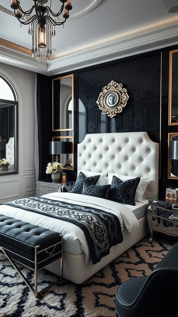 A chic Art Deco inspired bedroom featuring a white tufted headboard, black and white bedding, and elegant decor.