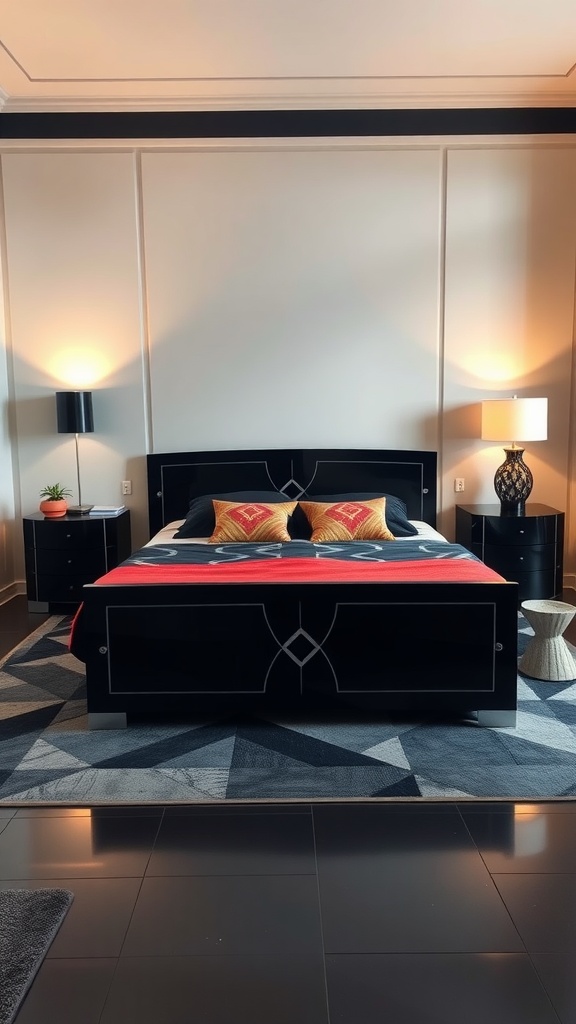 A stylish bedroom featuring a black bedframe with colorful pillows and geometric decor.