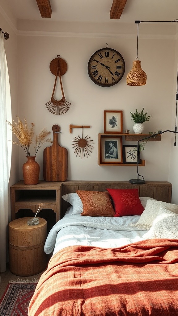 A cozy western boho bedroom featuring artisan-crafted accessories, including wooden decor and warm textiles.