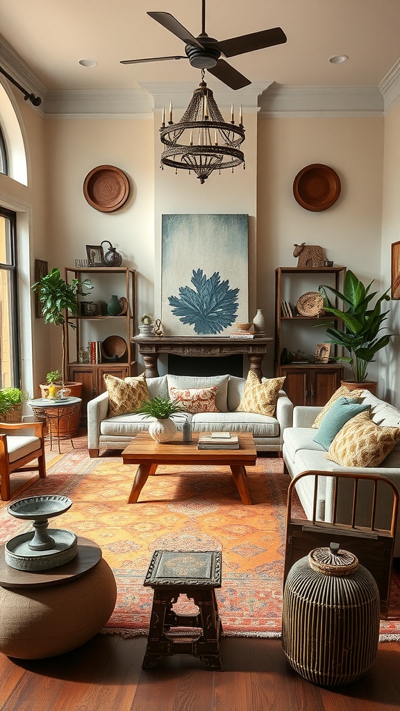 A stylish living room with artisan craftsmanship featuring wooden furniture, unique wall art, and decorative plants.