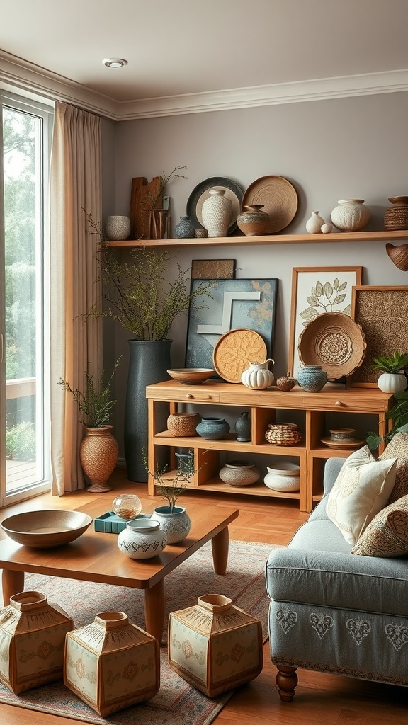 A cozy living room with artisan pottery displays on a wooden shelf, featuring various shapes and textures.