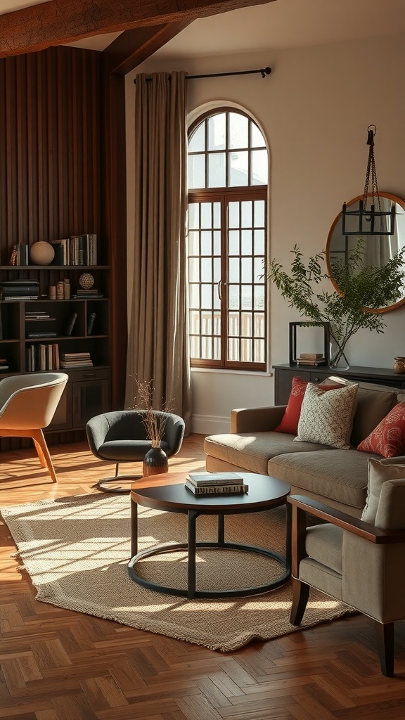 A cozy living room featuring artisanal furniture and warm natural light.