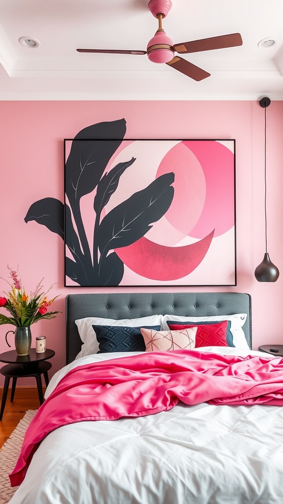 A stylish pink bedroom featuring black wall art, a bed, and decorative furniture.