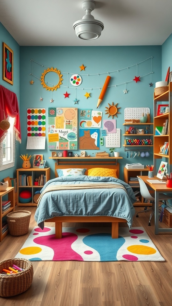 A bright and organized artistic space for toddlers, featuring colorful decorations, art supplies, and a workspace.