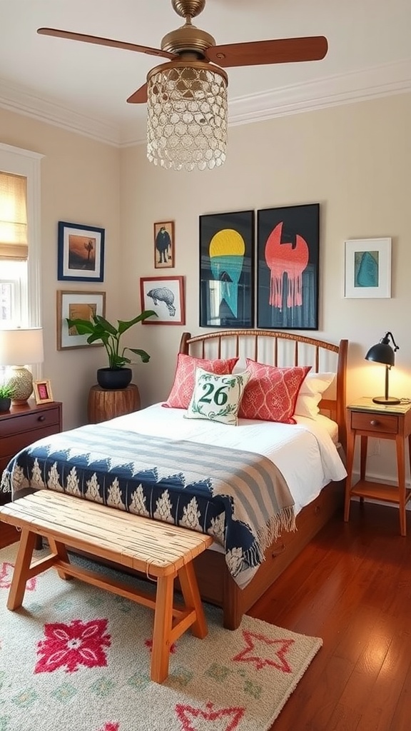 A stylish bedroom featuring a cozy bed, artistic wall decor, and unique furniture.