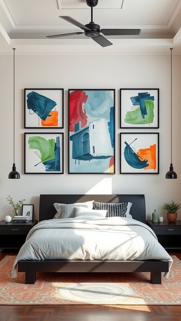 A bedroom featuring artistic wall decor with a gallery of framed art pieces above the bed.