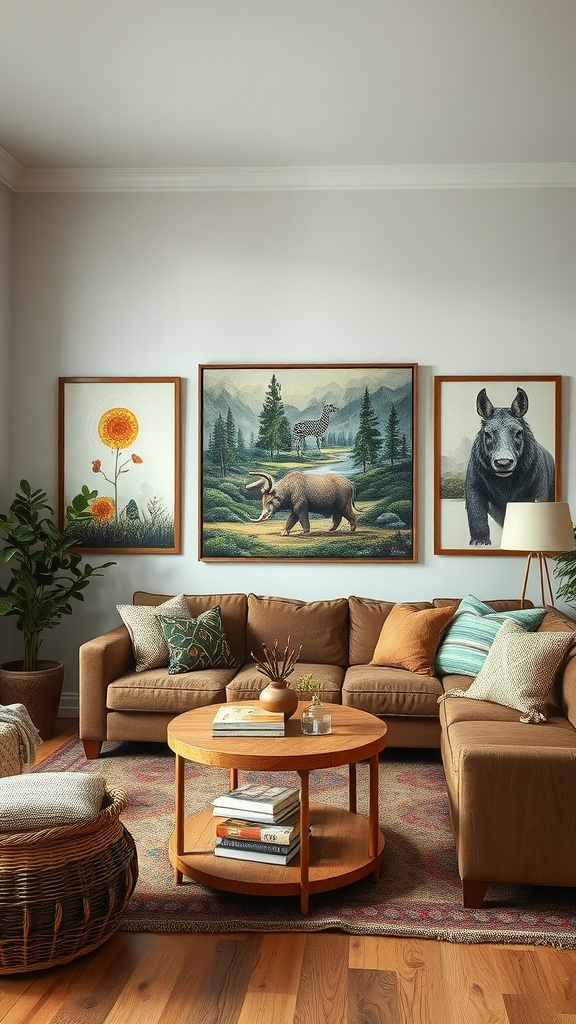 A cozy living room featuring nature-inspired artwork, including a flower, a landscape with animals, and a bear.