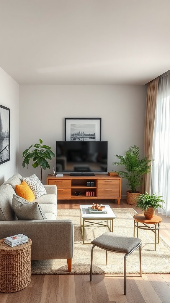 A cozy small living room featuring a neutral sofa, stylish coffee table, and vibrant plants.