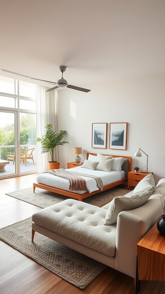 A bright and spacious bedroom featuring a bed, a cozy seating area, and natural light.