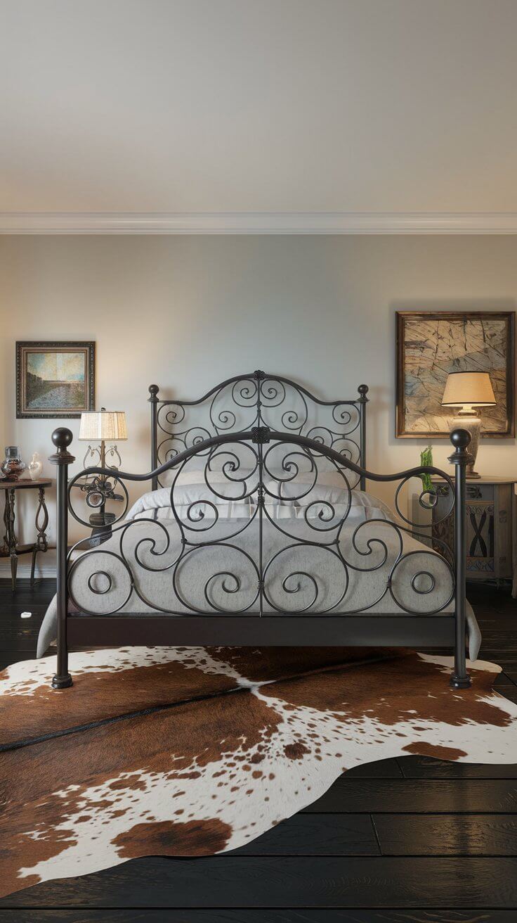 A bedroom featuring a black wrought iron bed frame with intricate scrollwork, paired with a large cowhide rug on a dark wood floor.