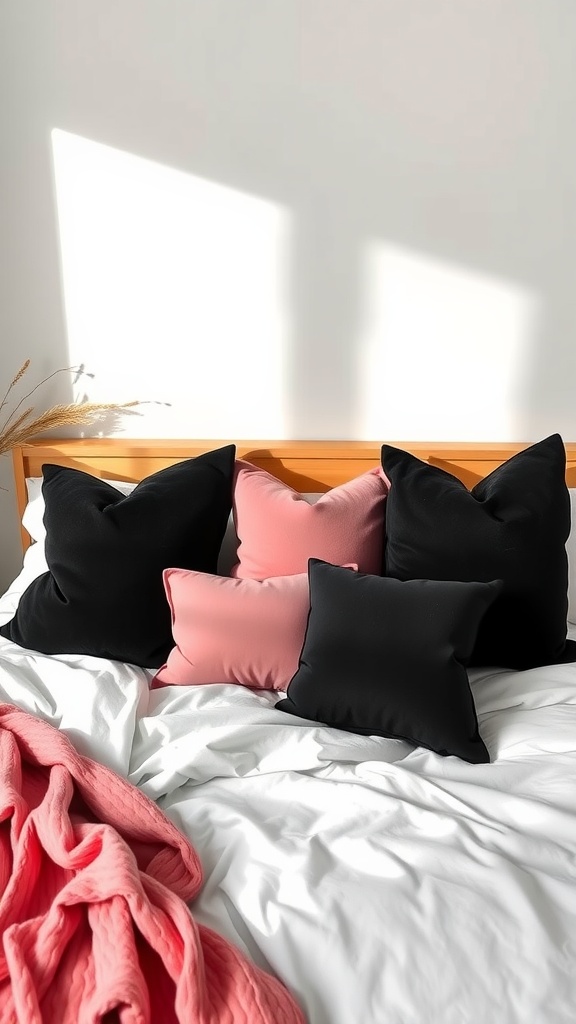 A bed with black and pink throw pillows arranged on it, complemented by a pink blanket and a soft, bright background.