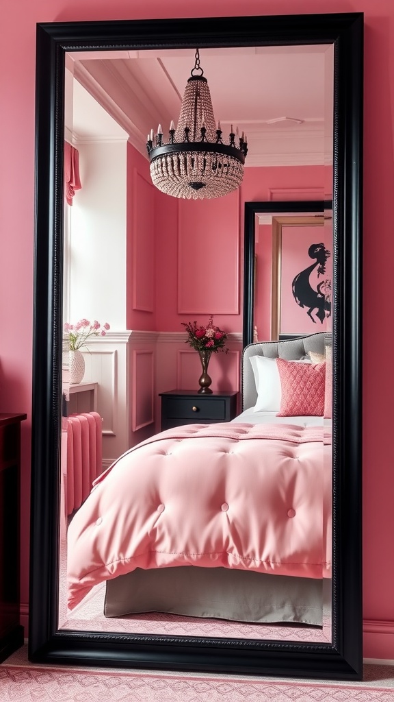 A pink bedroom featuring black frame mirrors, a chandelier, and stylish decor.