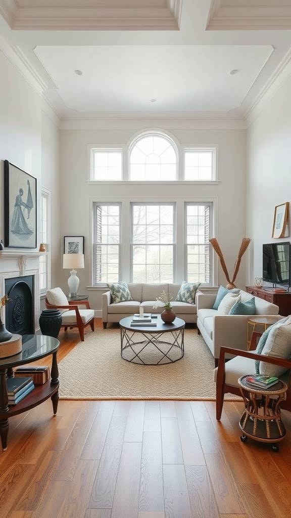 Cozy living room with modern and traditional decor elements.