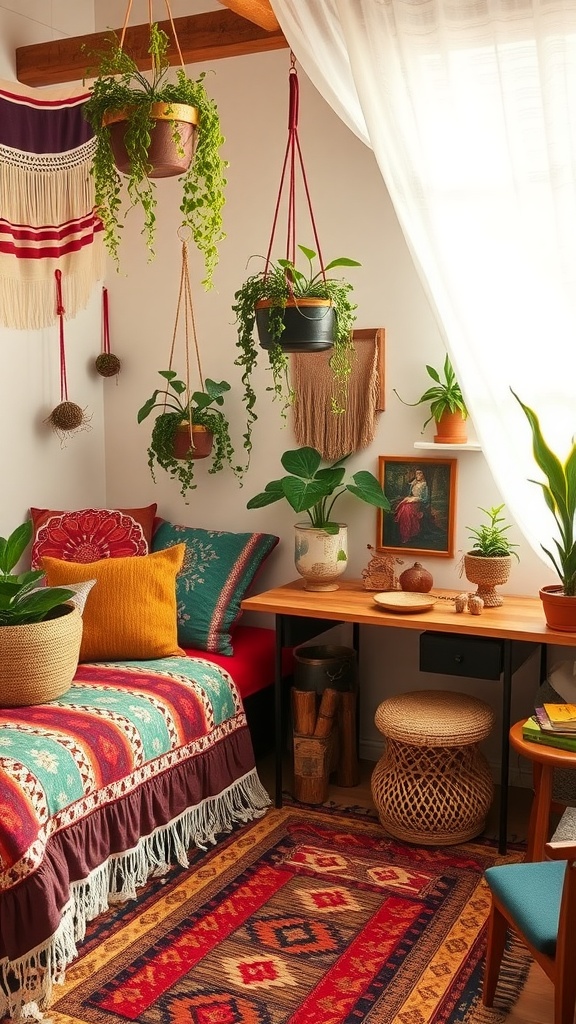 Cozy bohemian bedroom with textiles and hanging plants.