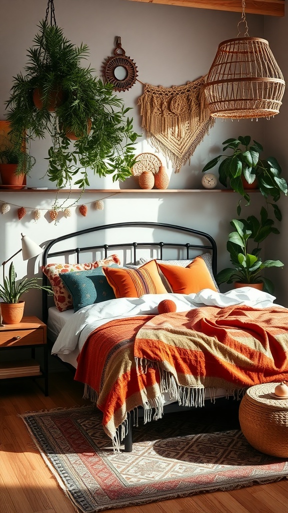 A cozy bedroom with a black bedframe adorned with colorful pillows and a warm blanket, surrounded by plants and bohemian decor.