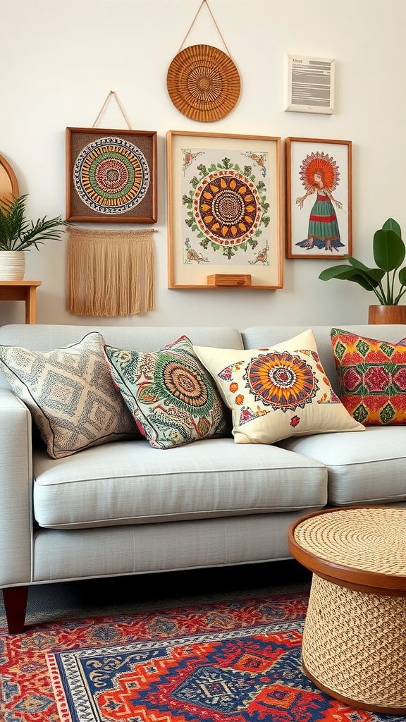 A light grey couch adorned with colorful patterned pillows, complemented by a vibrant area rug and unique wall art.