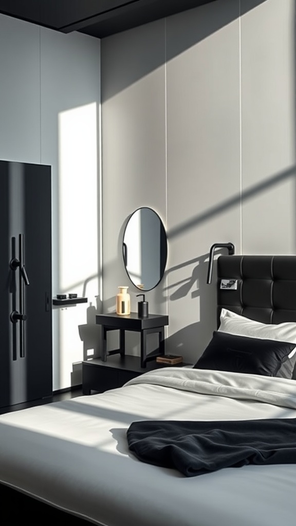 A modern bedroom featuring bold black fixtures against gray and white walls.