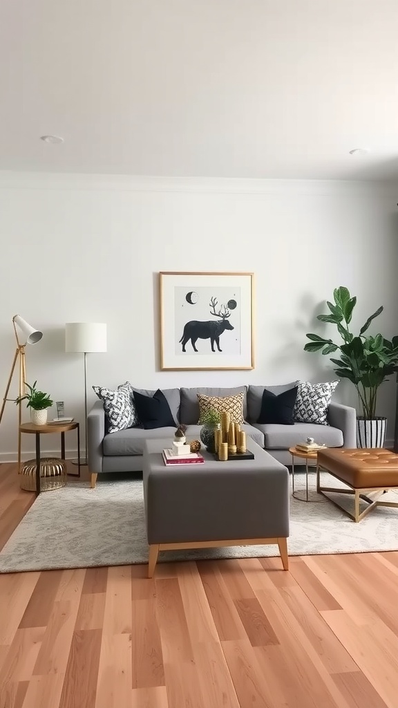 A modern living room featuring gray furniture and golden metallic accents.